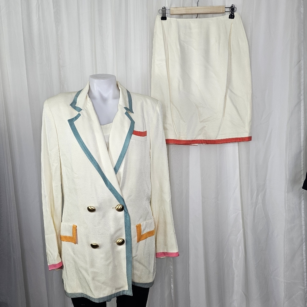 Vintage Lillie Rubin Cream 3-Piece Blazer Skirt Set with Colorful Accent Trim 10